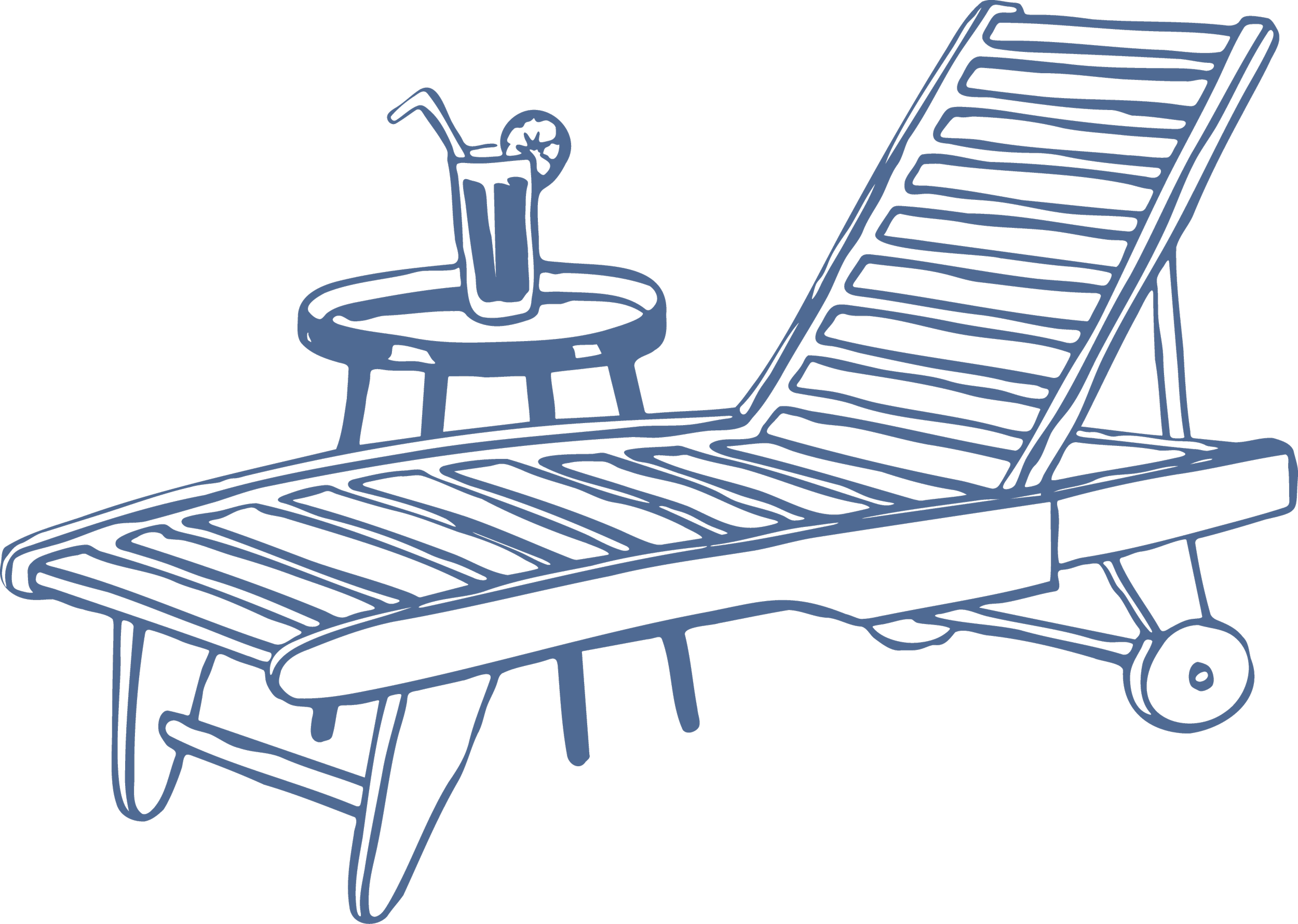 Line drawing of outdoor lounge chair with a small side table holding a drink and lemon slice.
