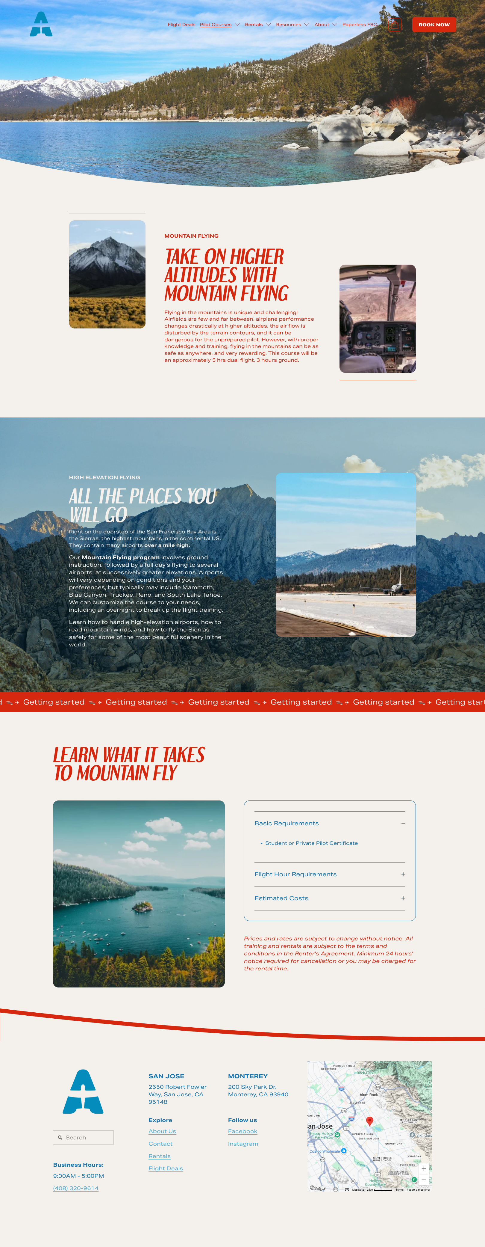 A website homepage for mountain flight training featuring scenic images of mountains, lakes, and airports, with sections about altitude flying, high elevation flying, and course enrollment.