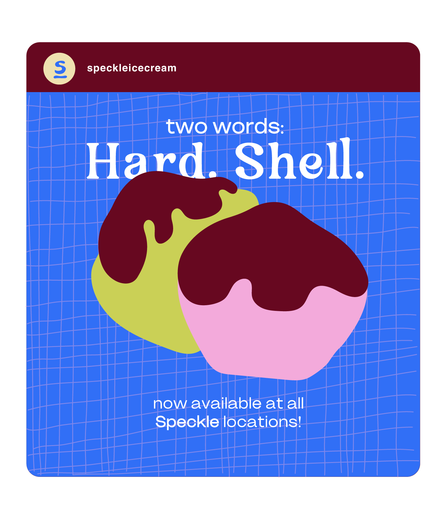 Packaging for speckle ice cream featuring an illustration of two scoops with chocolate syrup, one pink and one green, against a blue grid background. Text indicates it is now available at all Speckle locations.