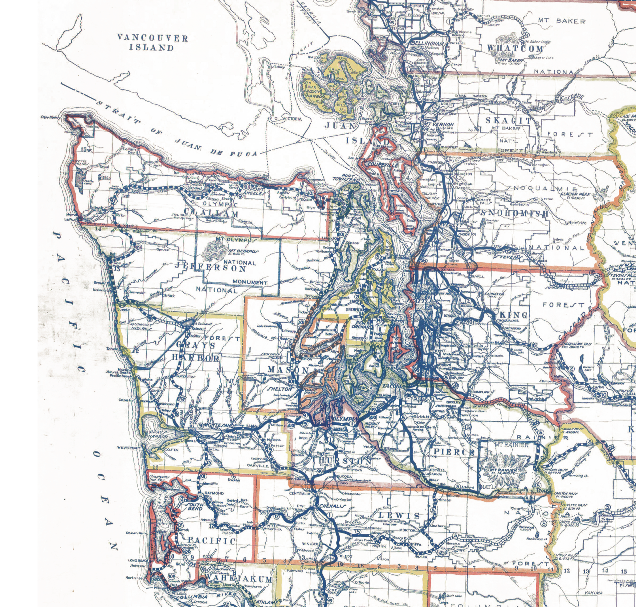 A detailed map of the Seattle, Washington area showing highways, lakes, parks, and neighborhoods, with Vancouver Island visible in the northwest corner.