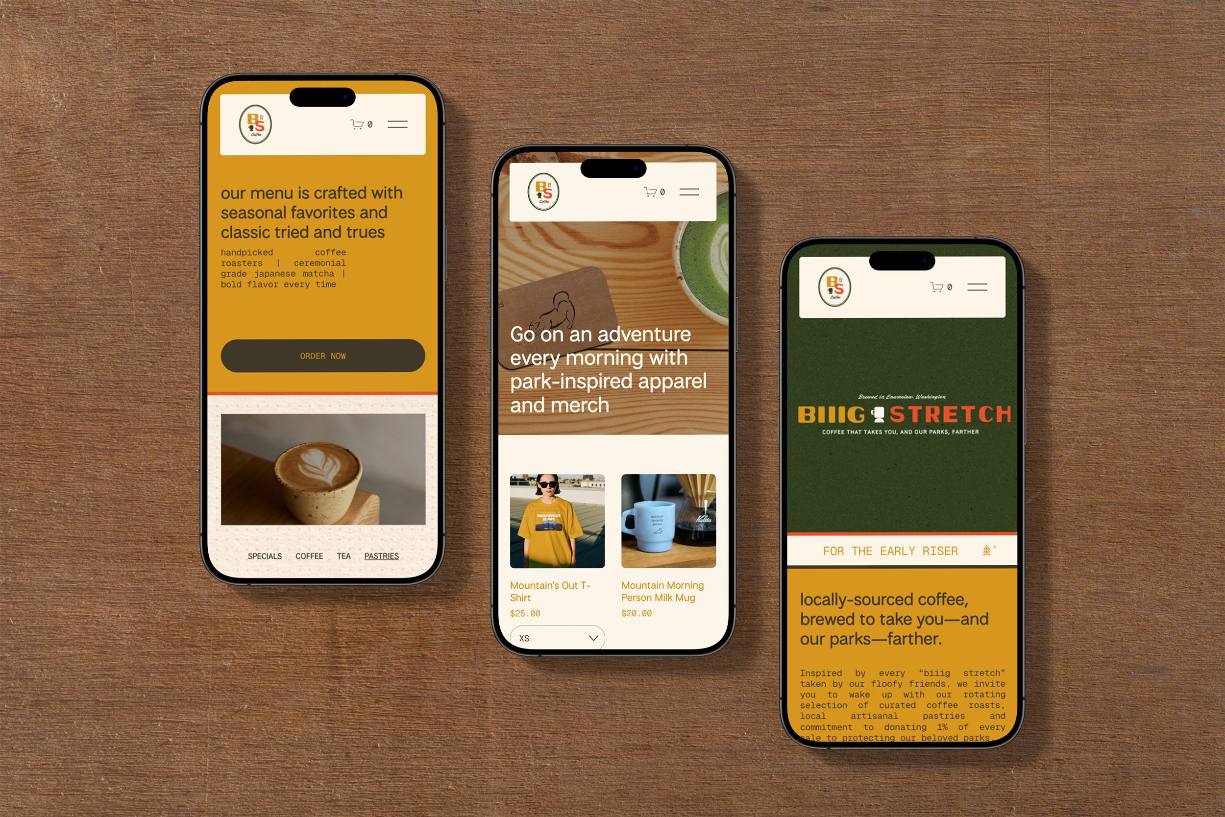 Three smartphones displaying a coffee shop website on a wooden surface