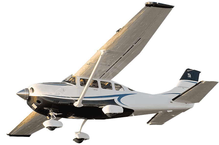 Small private airplane flying in the sky with a white and blue color scheme and a propeller engine.