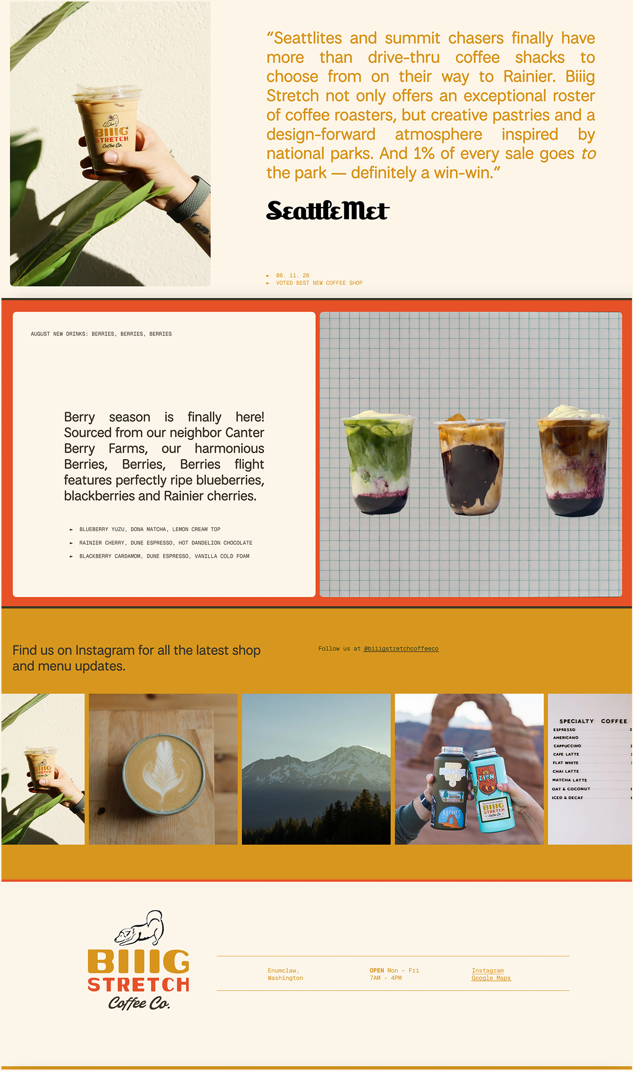 A website homepage for Bug Stretch Coffee Co. featuring a hand holding a coffee drink, promotional text about the company's offerings and commitment to parks, images of drink cups with colorful berry desserts, and a section with photos of mountains, coffee, and beverages.