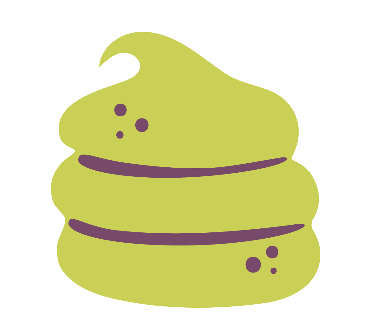 Cartoon illustration of a green whipped cream swirl with purple lines and dots on a black background.