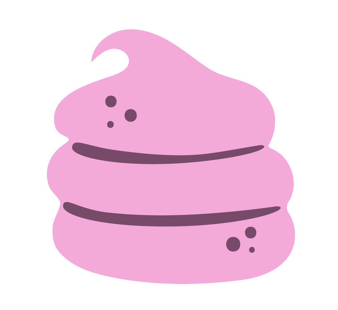 A cartoon illustration of a purple swirl macaroon cookie with dark purple details and a simple smiling face.