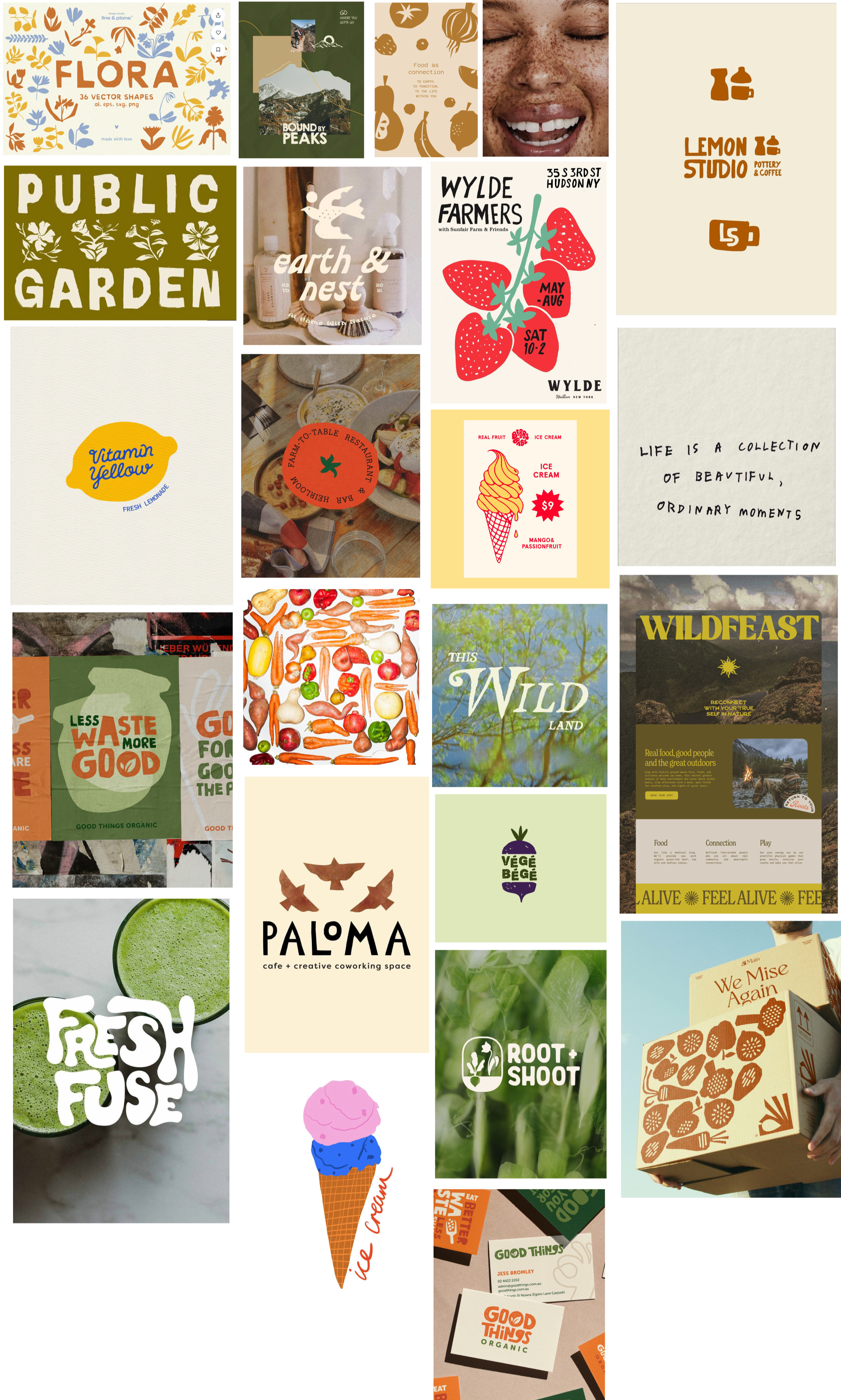 A collage of various promotional and branding images including logos, illustrations, and photographs for businesses and events focused on nature, food, organic products, and community. Some images include strawberries, ice cream, vegetables, and natural landscapes.