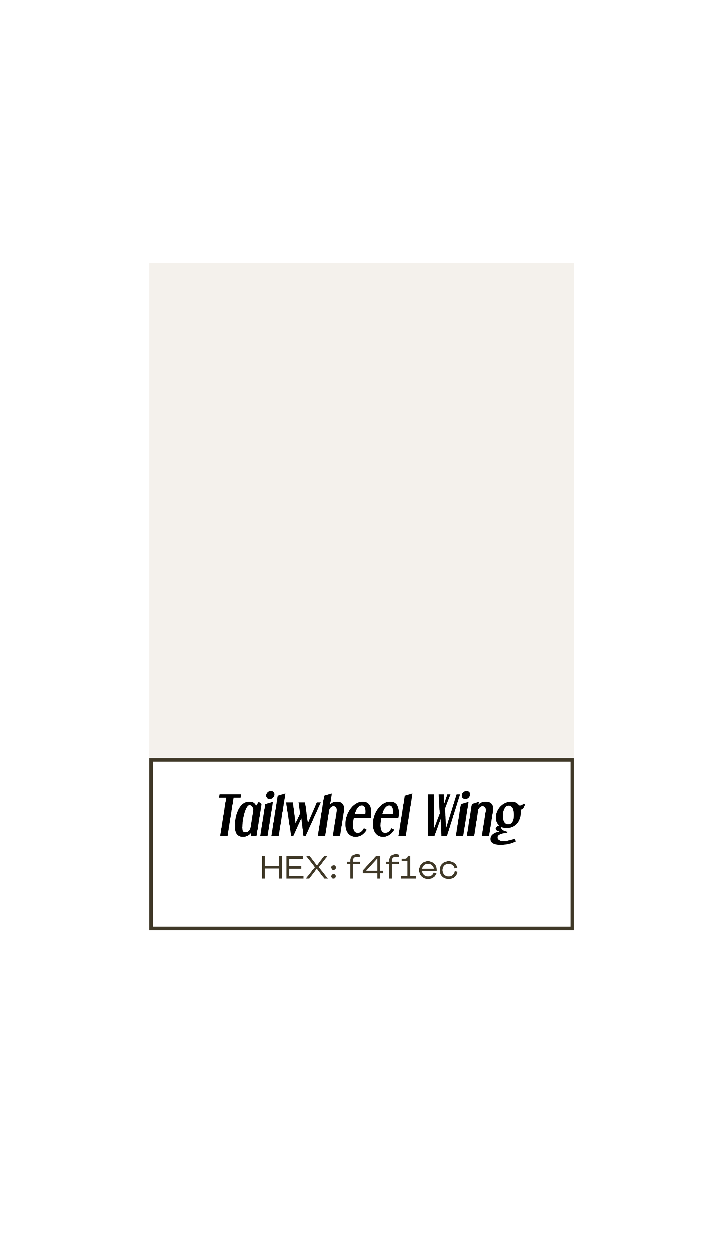 Black label with a large white rectangle in the center and text at the bottom reading 'Taiheul Wing' and 'HEX: f4f1ec'.