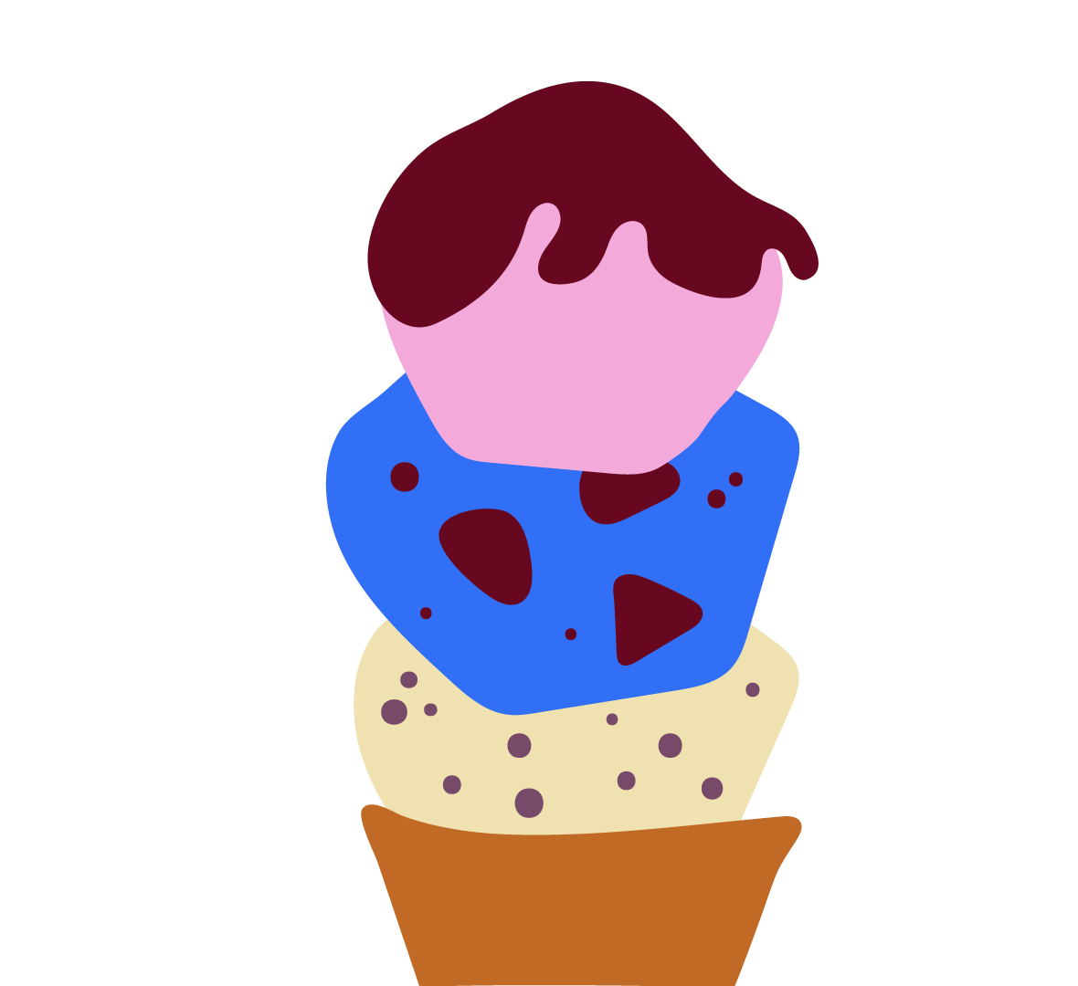 Illustration of a three-scoop ice cream cone with pink, blue, and beige scoops, topped with a chocolate drizzle, in a brown cone.