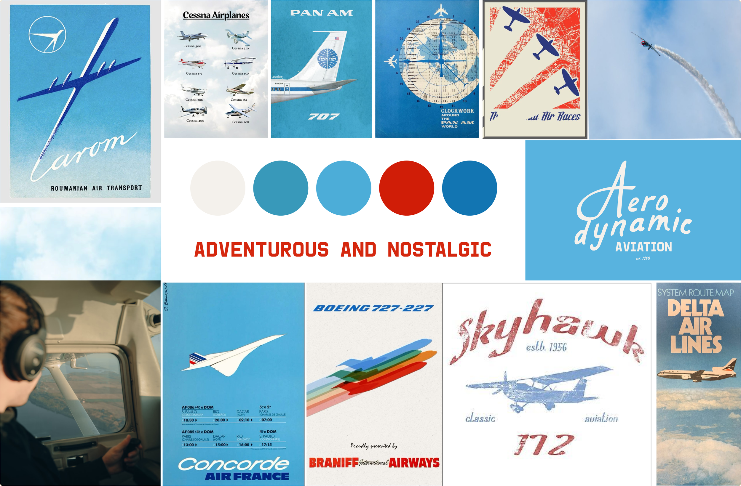Collage of vintage airline and aviation posters, featuring aircraft illustrations, airline logos, flight route maps, and aviation slogans in a blue, red, and white color scheme