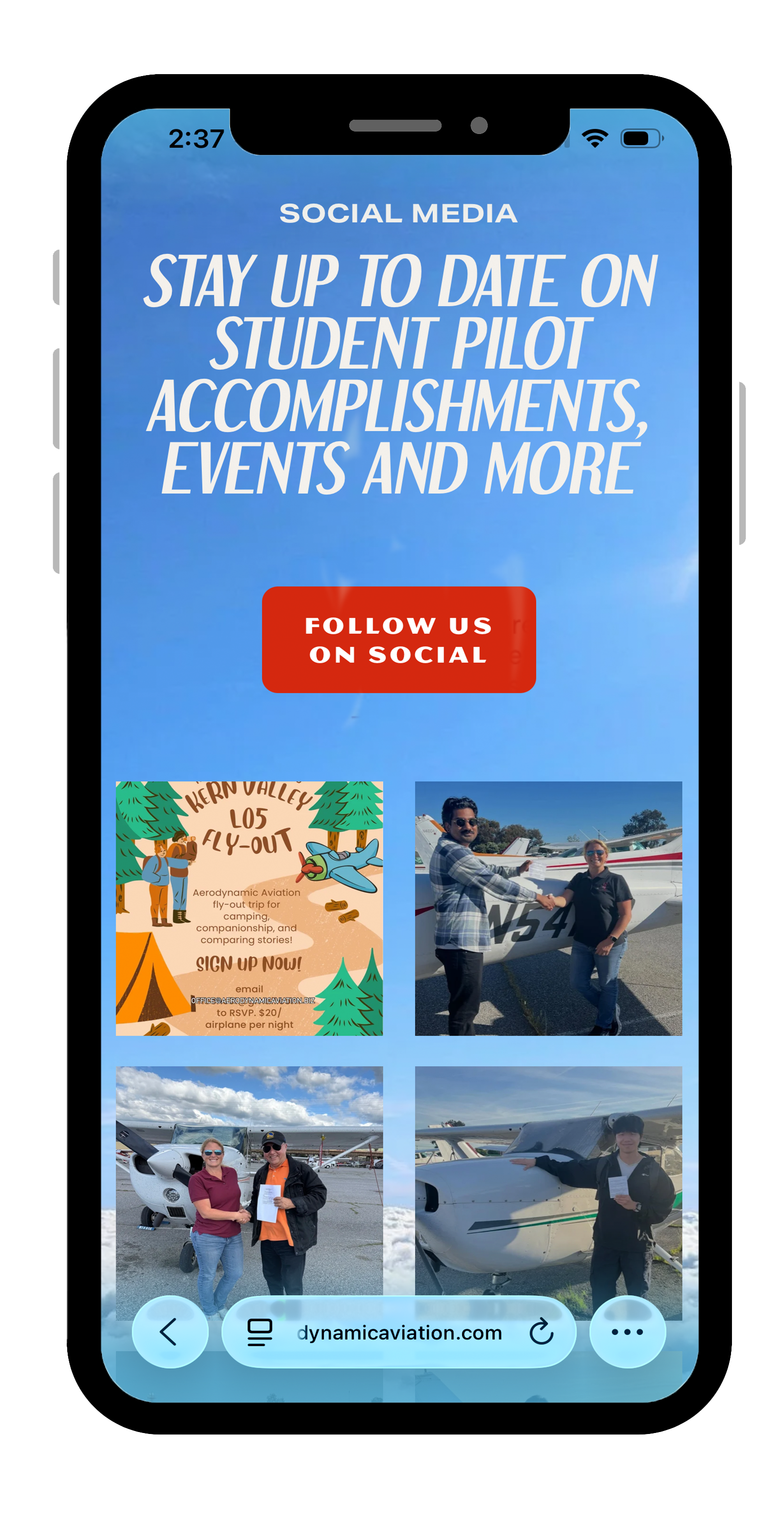 Smartphone screen displays a social media page promoting student pilot accomplishments, events, and more. The page features a blue background with white text, a red 'Follow Us on Social' button, and photos of people at an airport with airplanes.