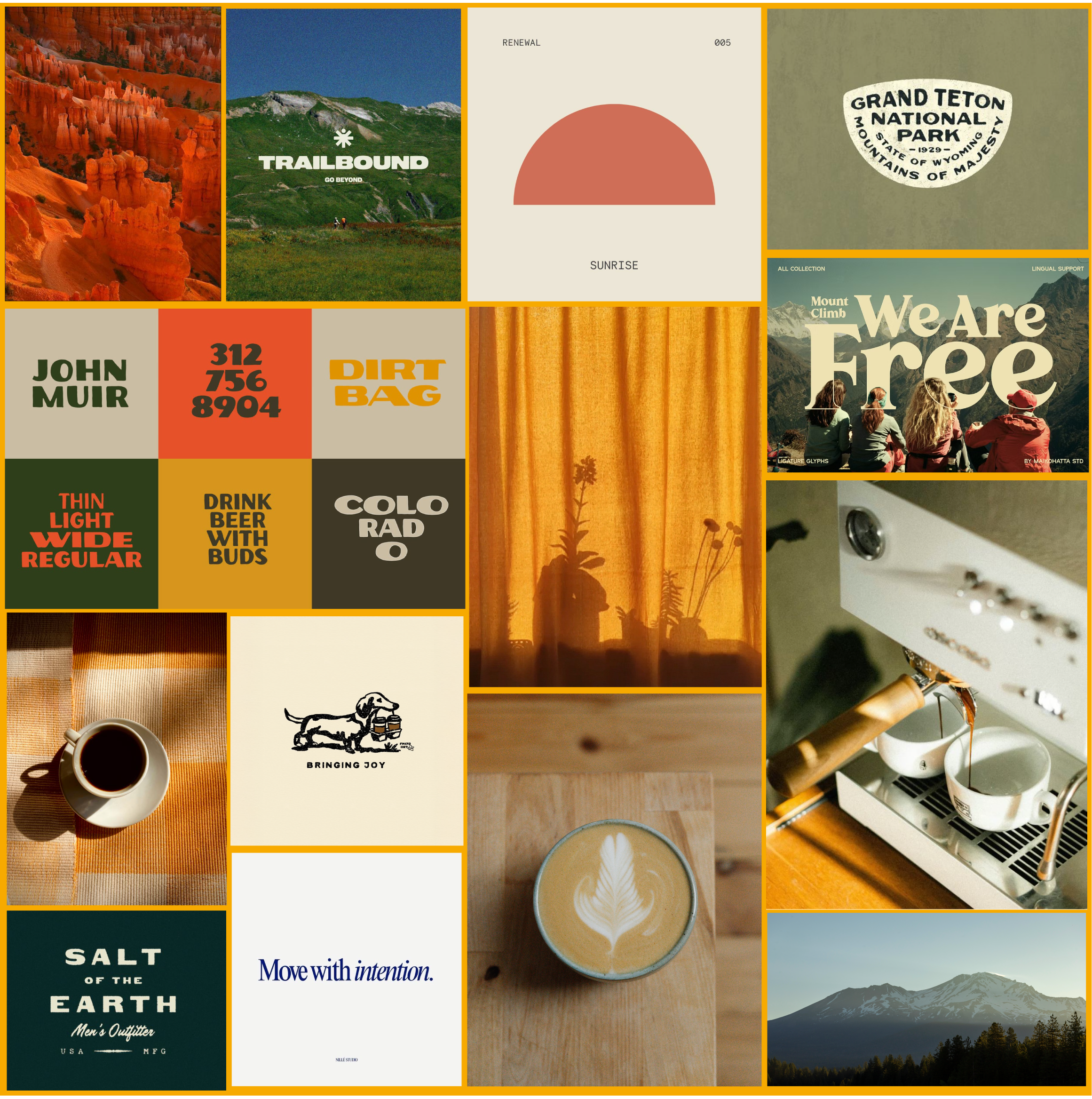 A collage of various outdoor and nature-related images, text, and items including scenic landscapes, mountains, a coffee cup with latte art, a person with a dog, and text related to nature, adventure, and exploration.
