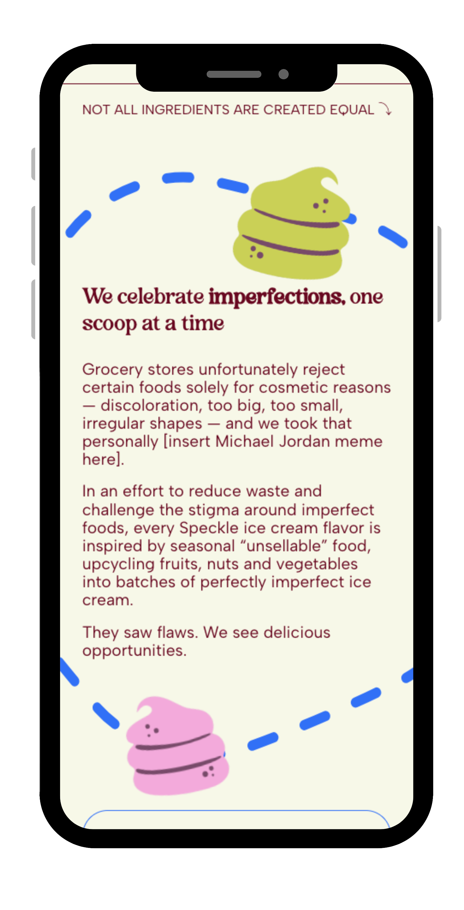 A smartphone screen displaying a webpage about celebrating imperfections, with a cartoon illustration of pink and green macaron ice creams surrounded by dashed lines. The text discusses embracing flaws and reducing waste by using imperfect foods for ice cream.