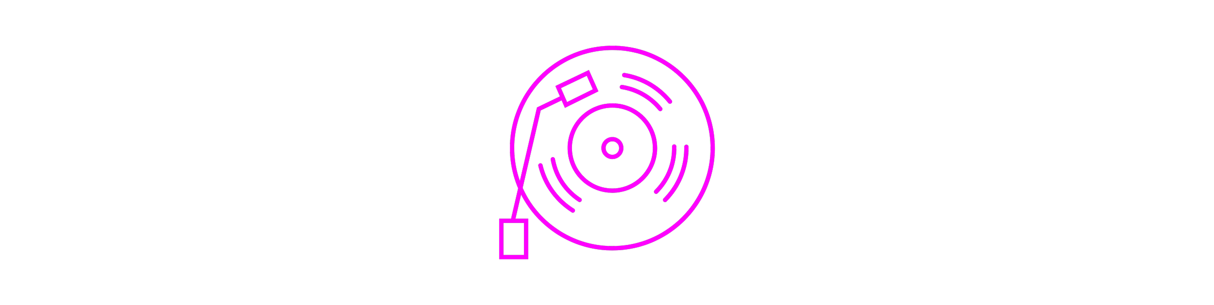 Neon pink outline of a vinyl record turntable on a black background