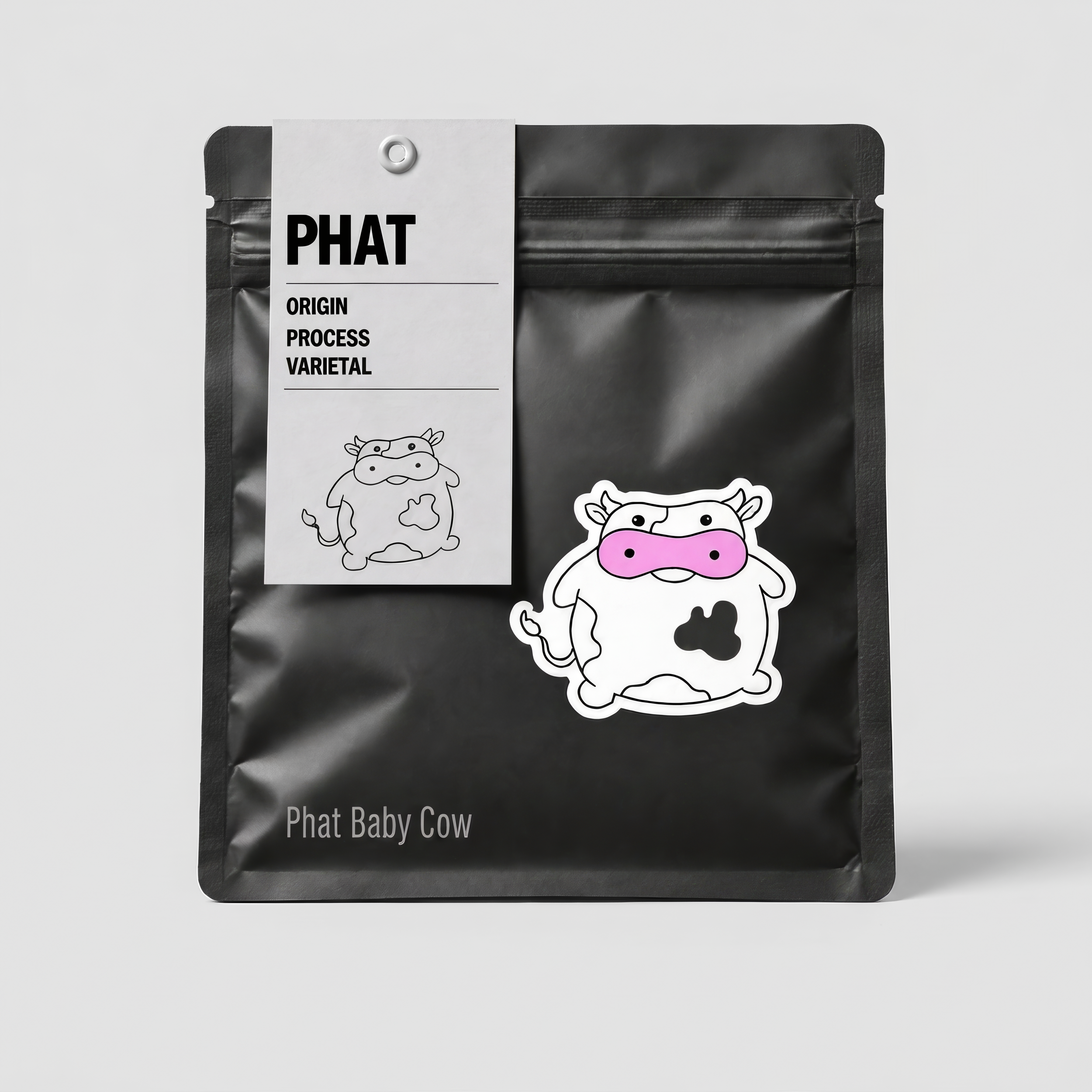 Matte black coffee bag mockup on grey background with off-white PHAT tag, chubby cartoon cow sticker with a pink snout, and "Phat Baby Cow" bottom text.