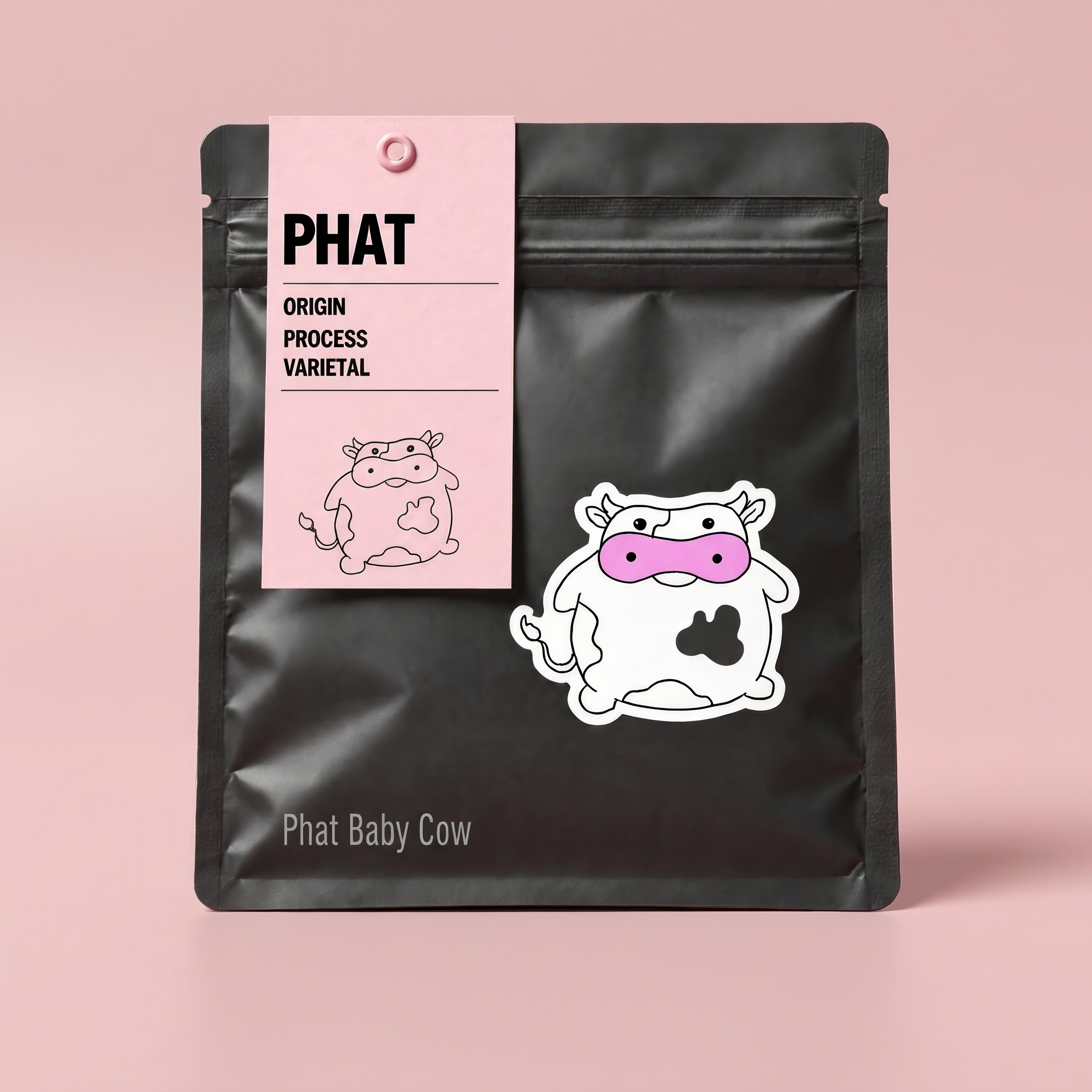 Matte black coffee bag mockup on pink background with soft pink PHAT tag, chubby cartoon cow sticker with a pink snout, and "Phat Baby Cow" bottom text.