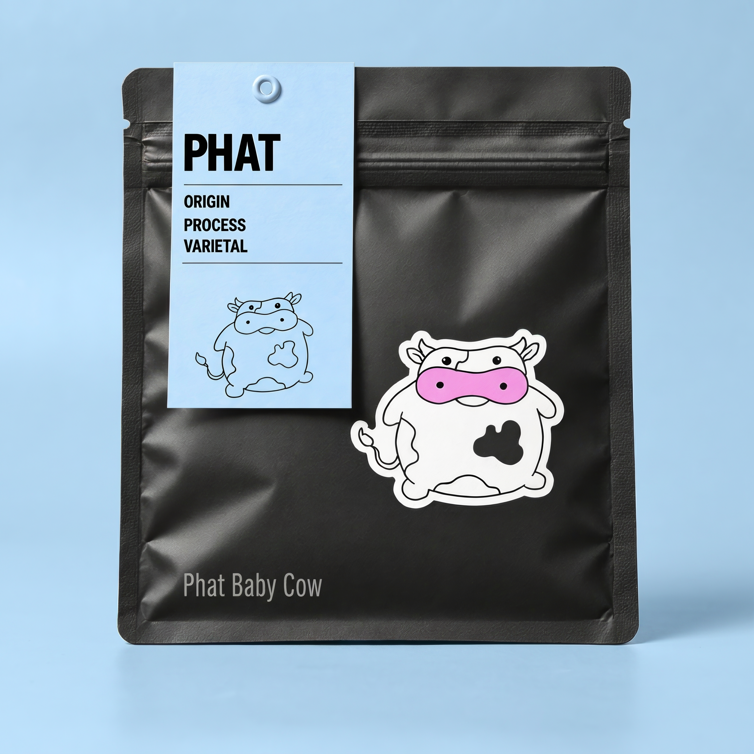 Matte black coffee bag mockup on blue background with light blue PHAT tag, chubby cartoon cow sticker with a pink snout, and "Phat Baby Cow" bottom text.