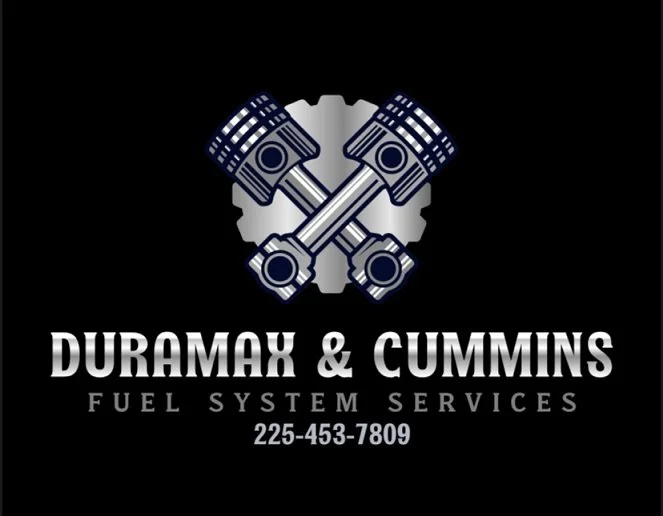 Logo for Duramax & Cummins Fuel System Services featuring crossed pistons over a gear with contact number 225-453-7809