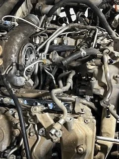 Close-up of a car engine showing various metal and rubber components, hoses, and wiring.