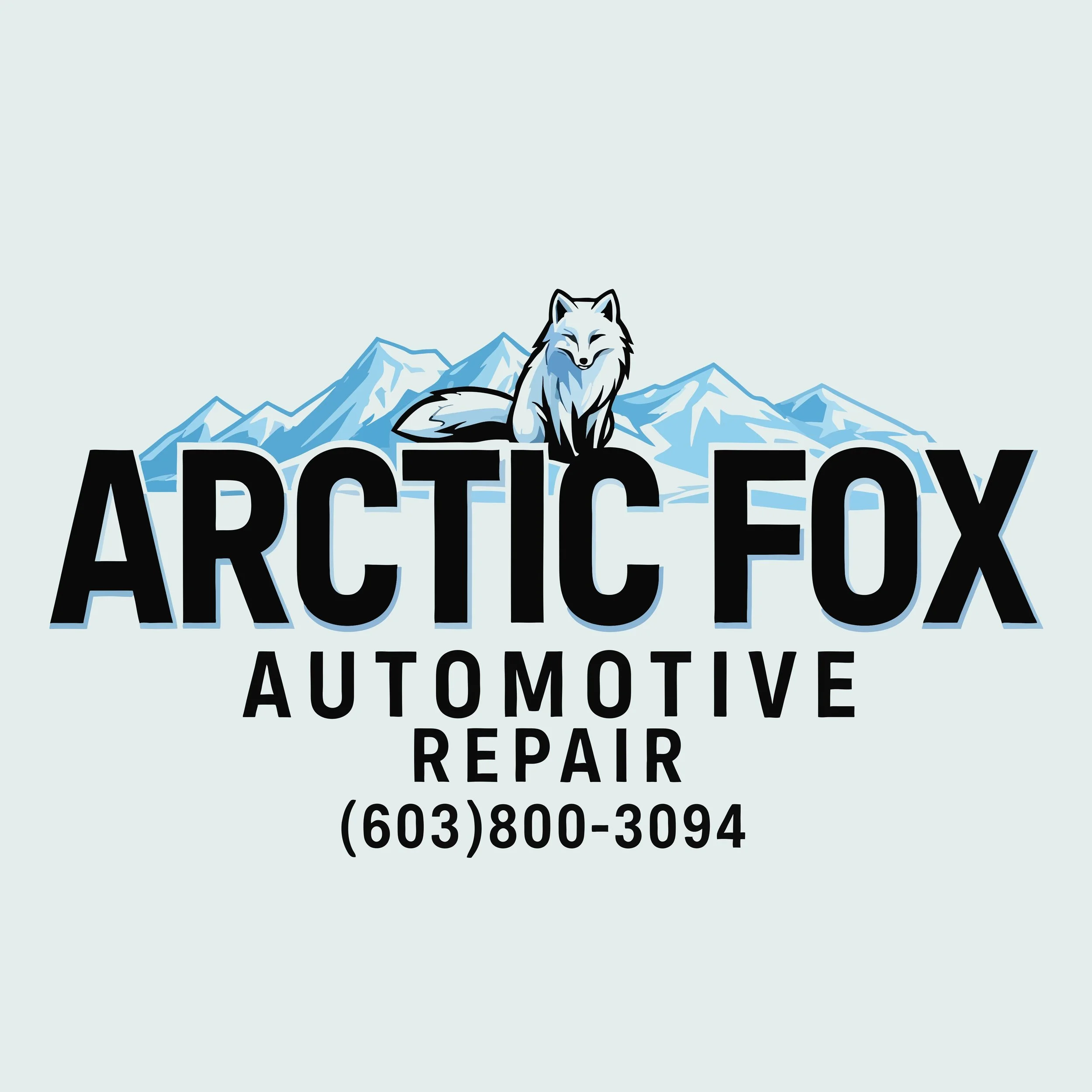 Logo for Arctic Fox Automoitive Repair featuring a smiling Arctic fox sitting in front of snow-capped mountains with the company’s name and contact number.