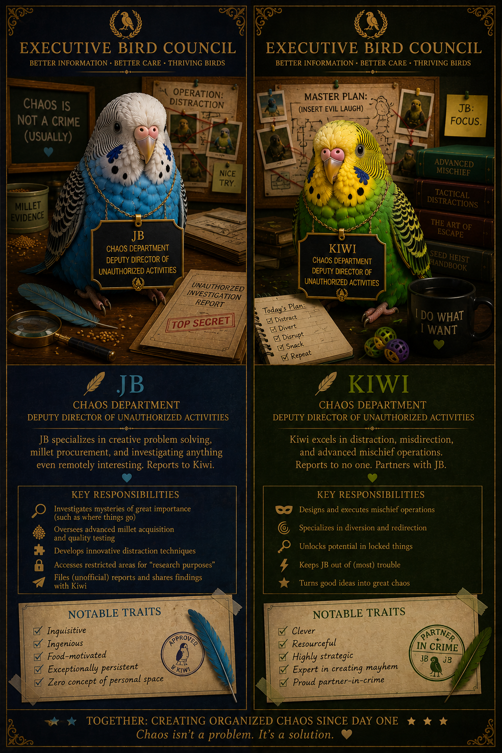 Illustration of two birds, JB and Kiwi, depicted as masterminds behind chaos activities. JB, a blue and white bird, is labeled as Deputy Director of Unauthorized Activities, with a background hinting at secret investigations. Kiwi, a yellow and green bird, has a similar role, with a background showing mischievous plans and toy props. Both are part of the Executive Bird Council, focused on clever chaos and mischief.