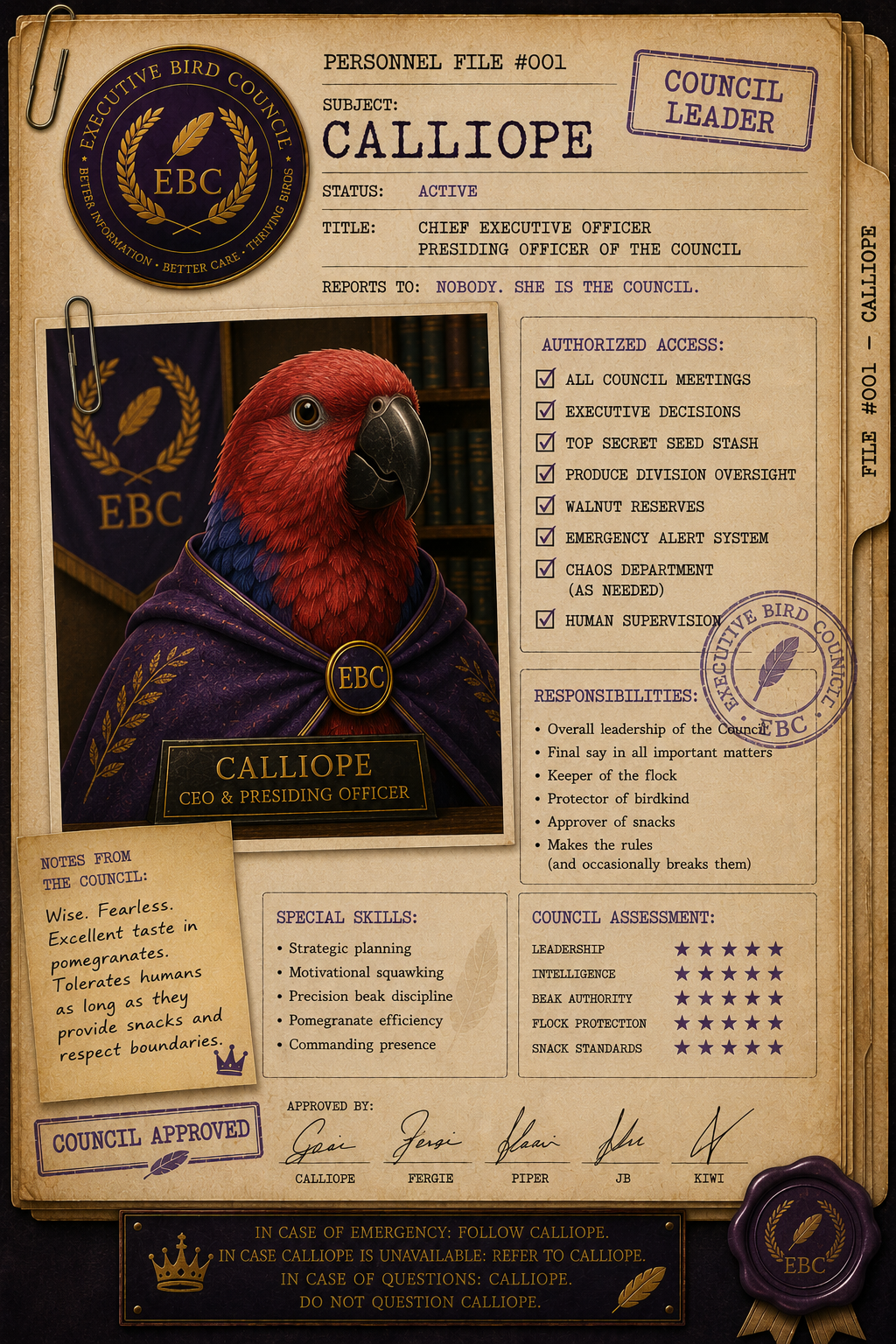 A humorous, illustrated personnel file for a bird with human attributes, named Calliope, labeled as CEO and Presiding Officer of the Executive Bird Council. The file includes a bird portrait, a council approval stamp, and various badges and notes indicating the bird's role, skills, and responsibilities, with a purple-themed, official-looking layout.