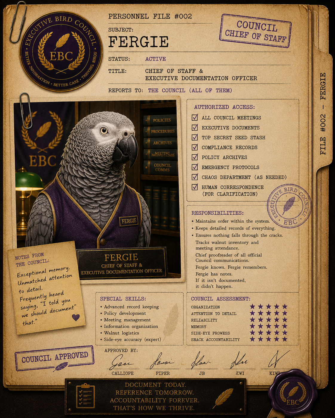 A personnel file for Fergie the African Grey, dressed as a staff and documentation officer, with official stamps, signatures, and notes.