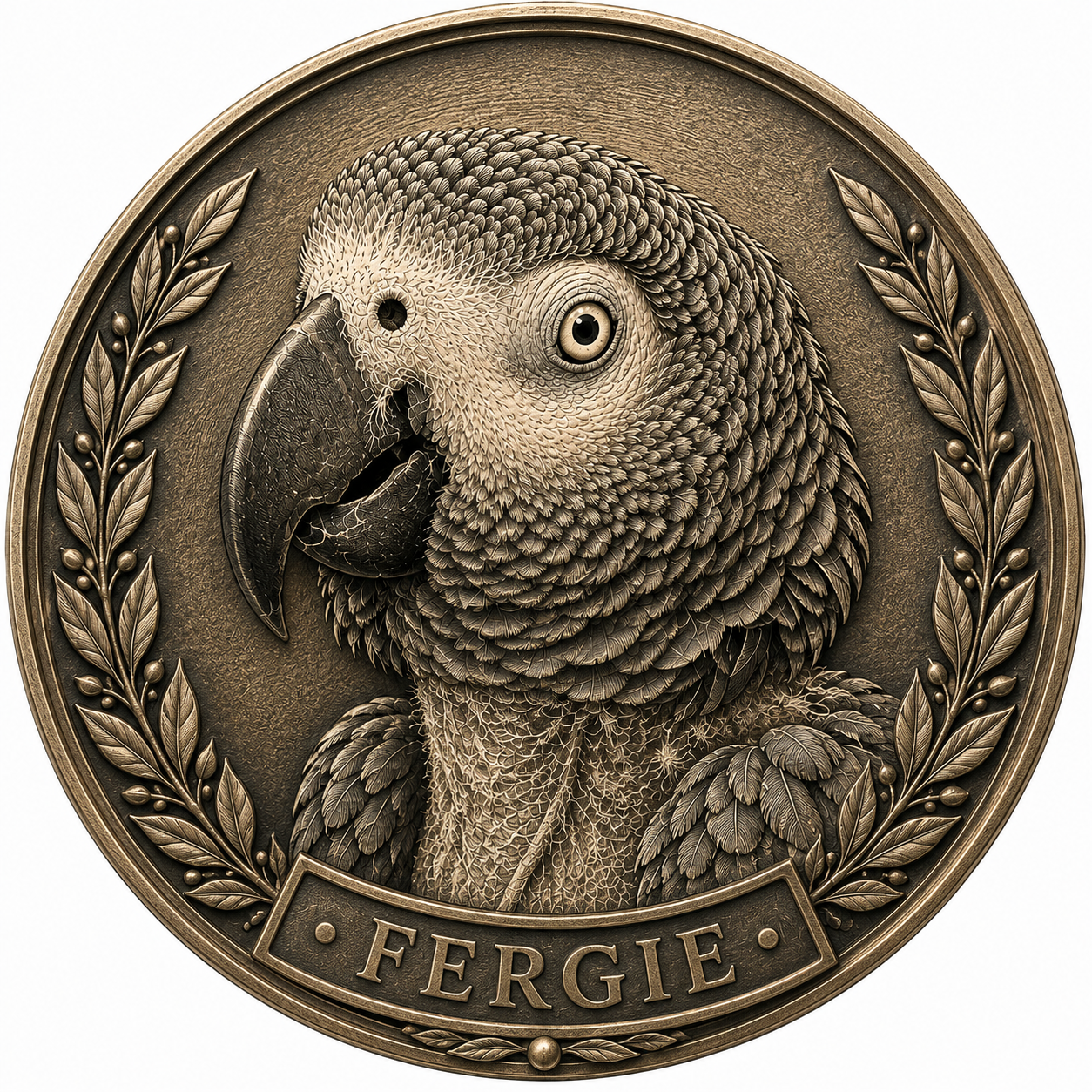 A detailed bronze medallion featuring a Caribbean parrot with a crest and feathered face, surrounded by a laurel wreath, with the name "Fergie" engraved at the bottom.