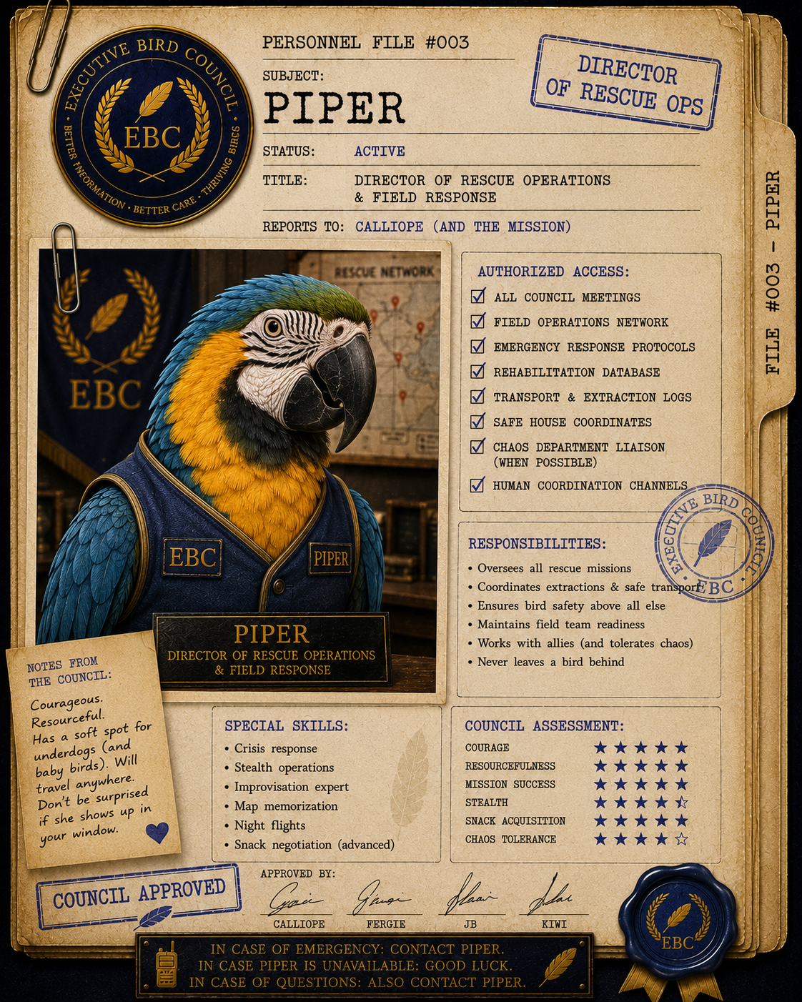 Personnel file for a bird rescue worker named Piper, featuring a colorful bird dressed in a vest with name patches, the EBC logo, and details about Piper's responsibilities, skills, and council assessment.