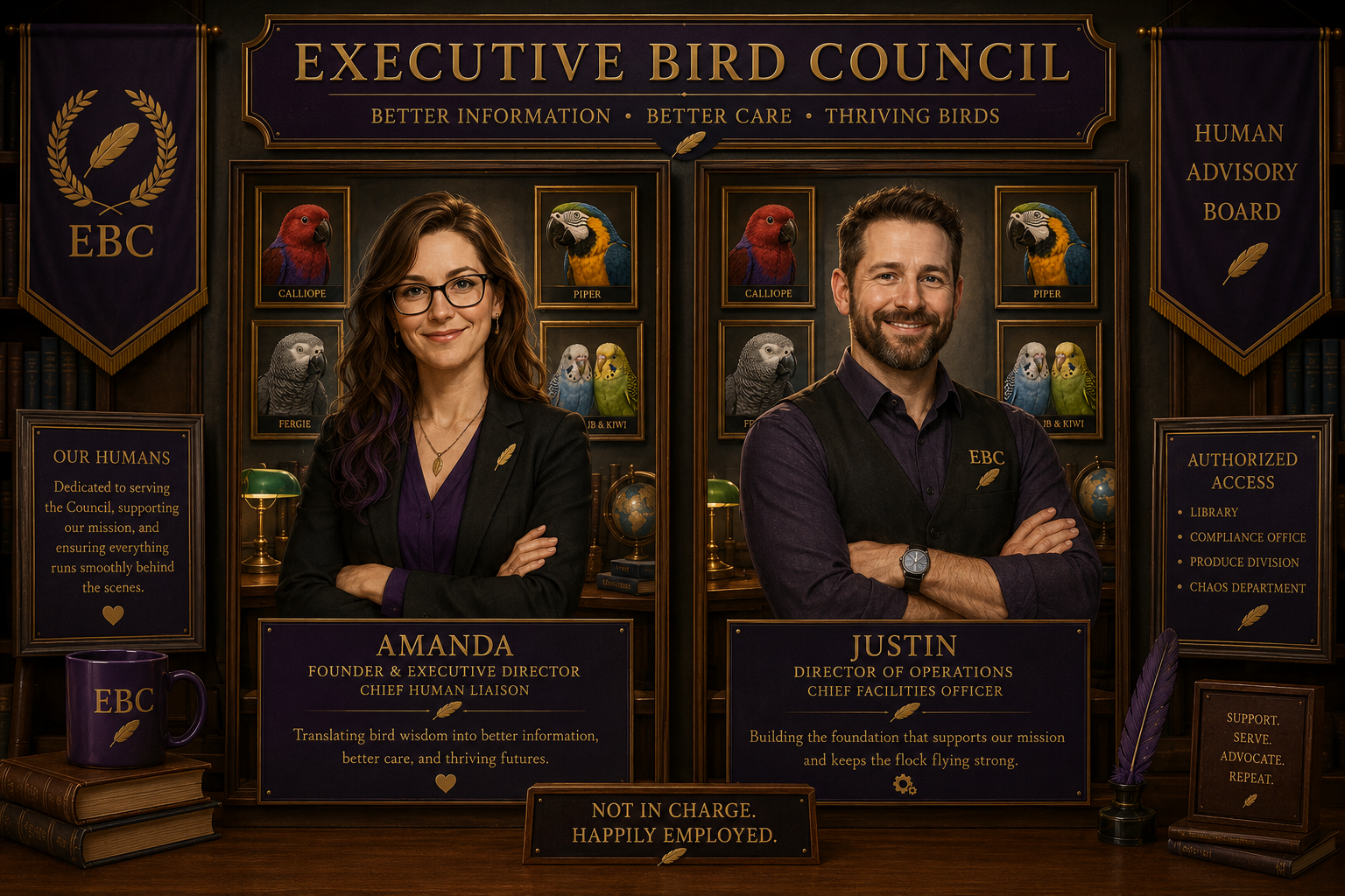 Two people stand in front of a sign that reads 'Executive Bird Council,' surrounded by framed bird photographs. The woman on the left, Amanda, is the founder and chief human liaison, wearing glasses and a dark blazer. The man on the right, Justin, is the director of operations and chief facilities officer, with a microphone lapel pin, wearing a vest and crossing his arms. The background and signs include references to a bird-themed organization, with decorative feathers, globes, and books.
