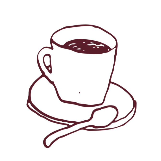 Simple line drawing of a coffee cup on a saucer with a spoon beside it.
