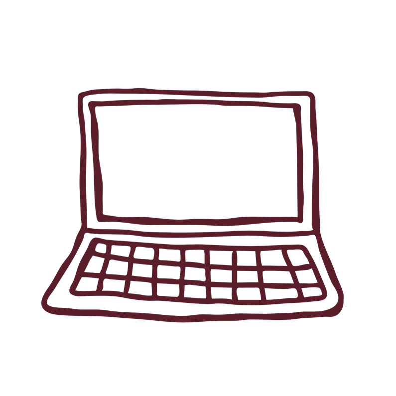 A simple, hand-drawn illustration of an open laptop with a dark screen on a black background.