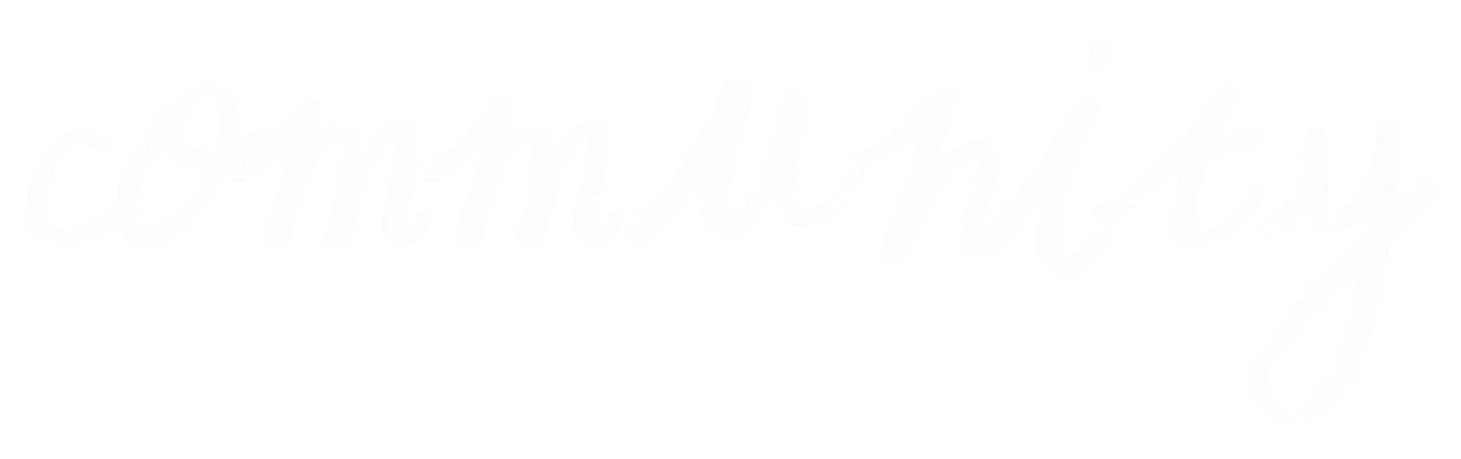 White cursive text that says 'community' on a black background.