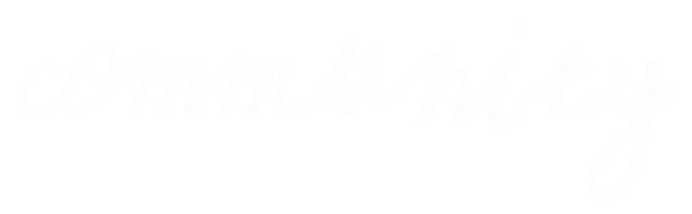White cursive text that says 'community' on a black background.