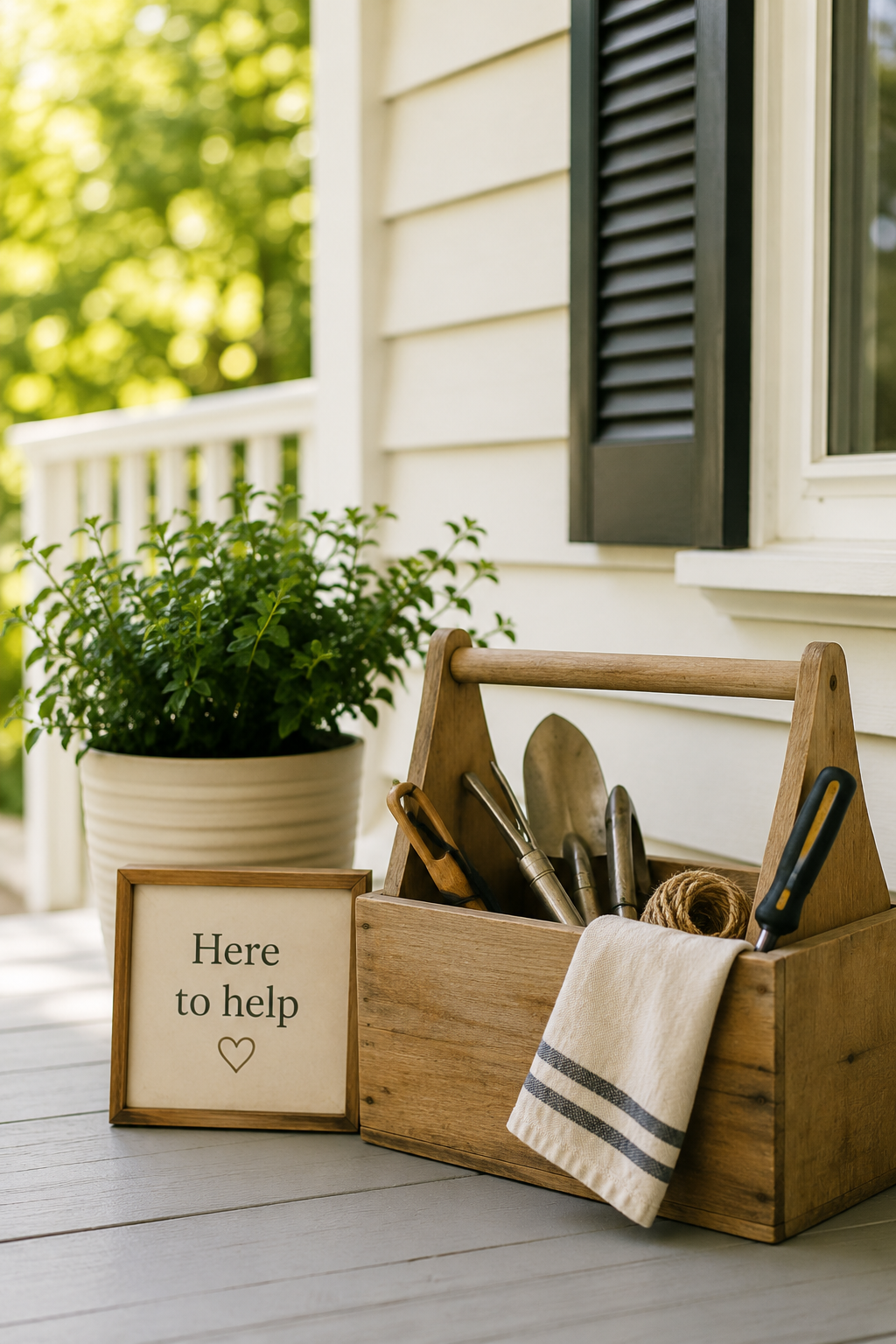 A wooden toolbox with gardening tools, a rolled-up towel, and a sign that says 'Here to help' with a heart symbol; a large potted plant and a house with black shutters are in the background.