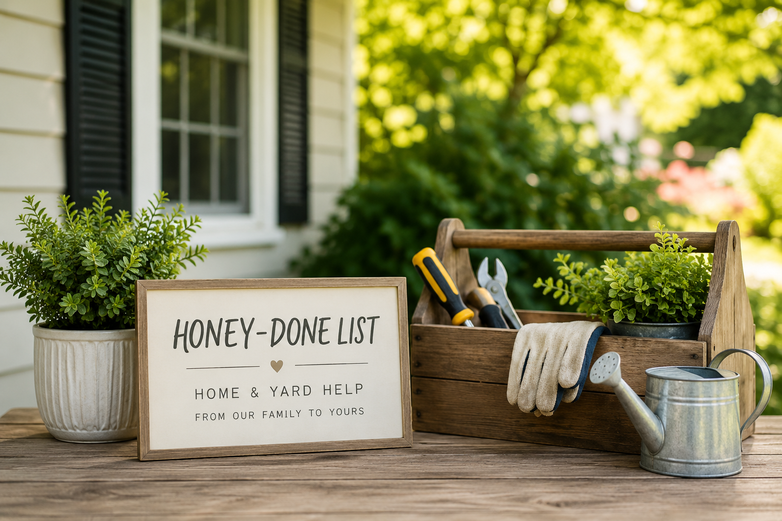 Garden tools, potted plant, and a 'Honey-Do List' sign on a wooden table outside a house with green trees in the background.