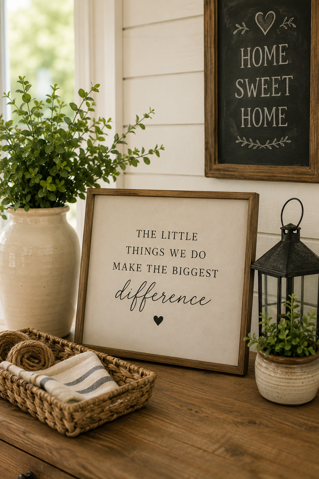 Decorative home interior with a framed quote, potted plants, a lantern, and a basket of yarn on a wooden surface.