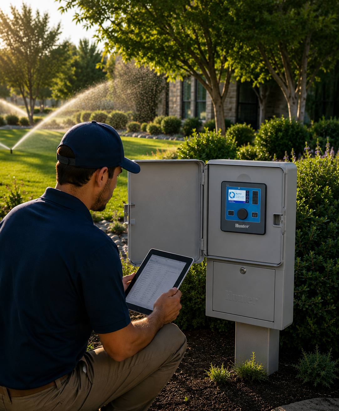 A man wearing a baseball cap and navy shirt is kneeling outside near a lawn sprinkler system control panel, holding a tablet in his hands, with green trees and a house in the background.