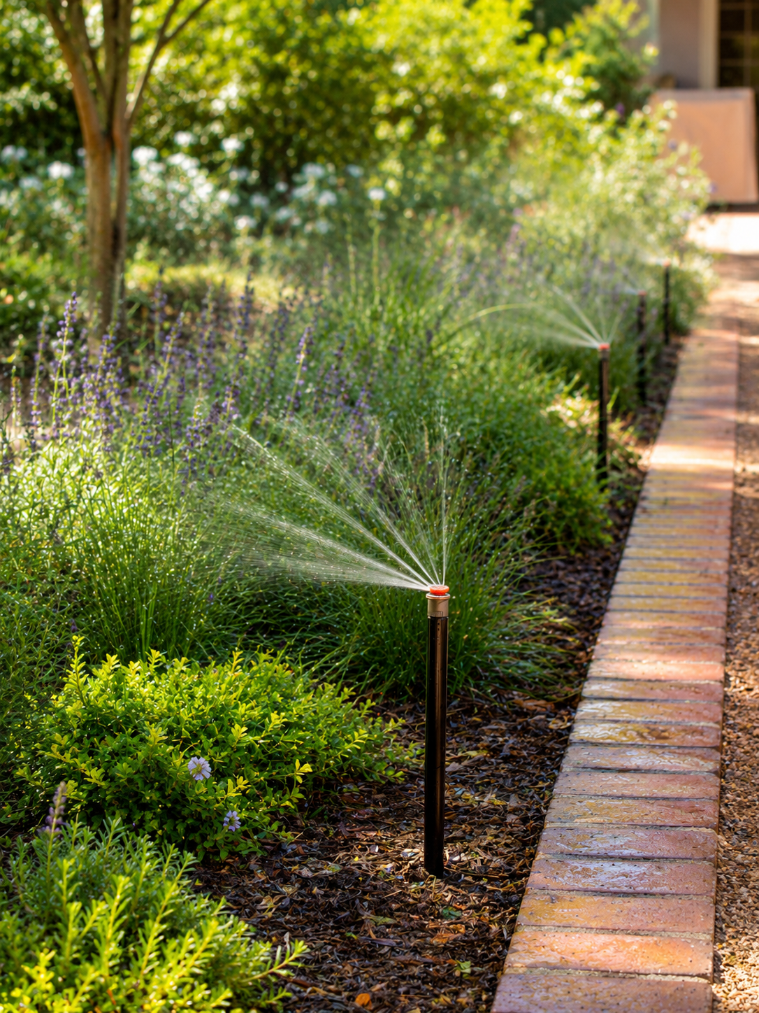 A garden with a brick pathway and a lawn sprinkler watering the plants along the pathway under sunlight.