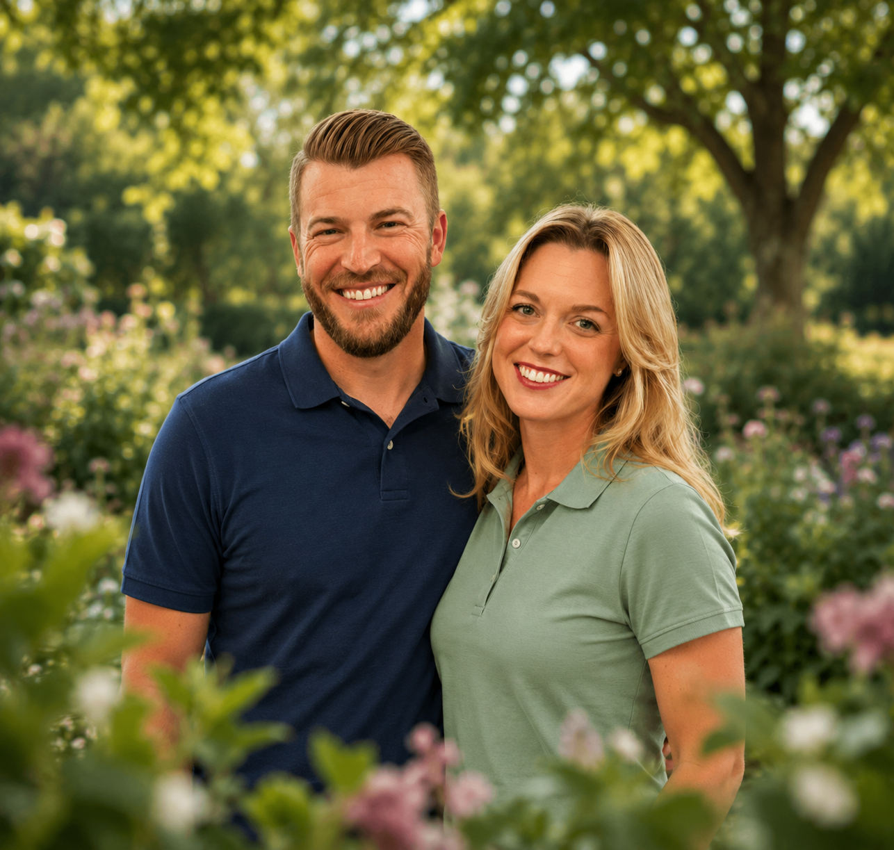 A smiling couple standing in a garden with green trees and flowers.