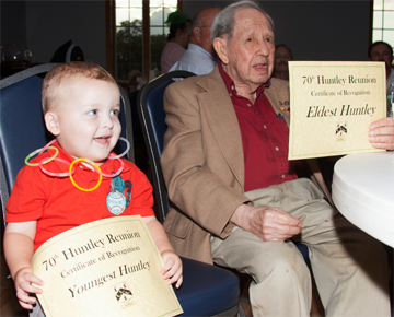 It’s easy to guess who the oldest Huntley was! The youngest Huntley was Brayden Carlstrom, great-grandson of Paul Huntley of Meriden, CT. Brayden is the 4th descendant of Paul Huntley to be the youngest at the reunion. His son, William, was the young