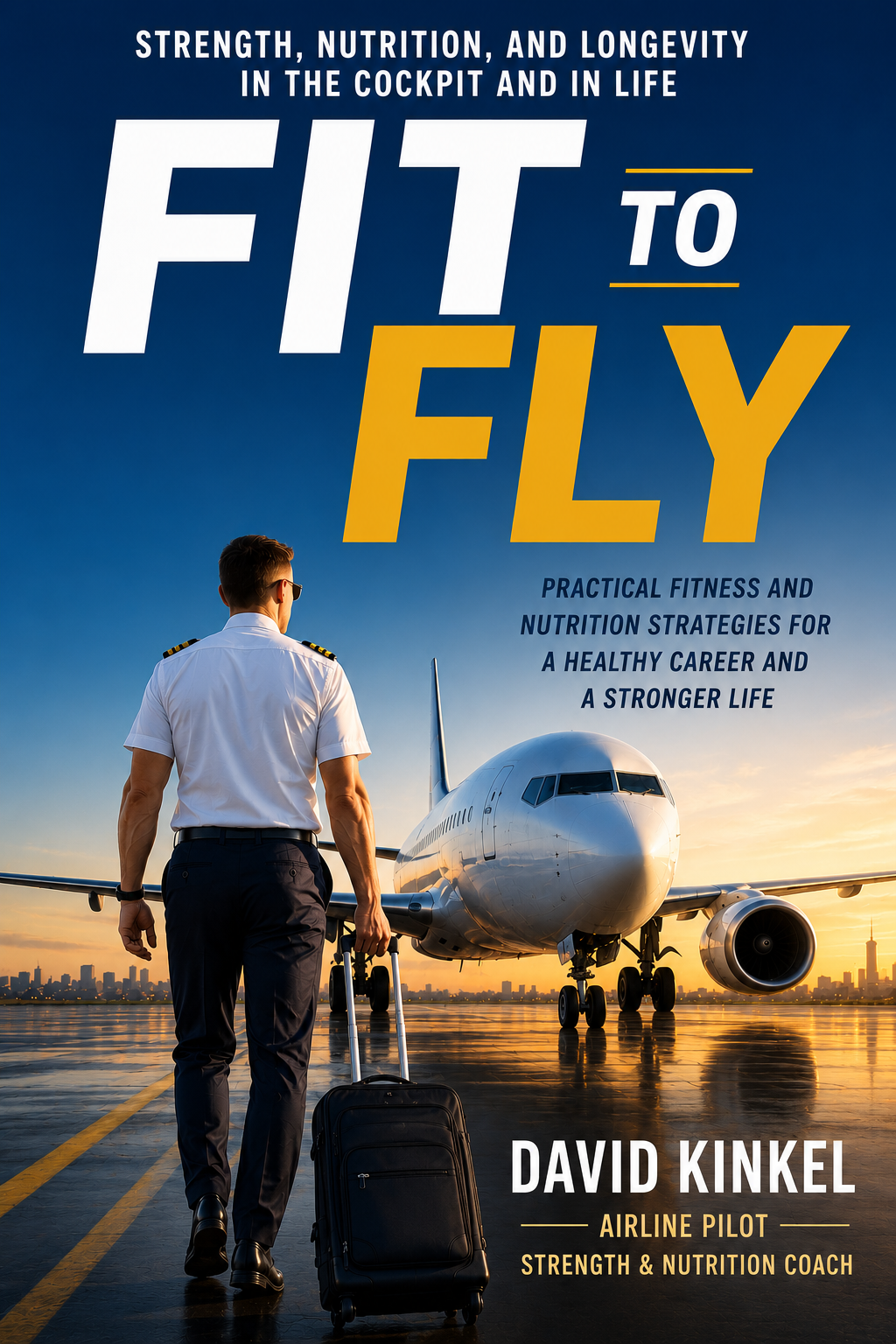 Book cover titled "Fit to Fly" showing an airline pilot in uniform walking towards a commercial airplane on the runway at sunset, with a city skyline in the background.