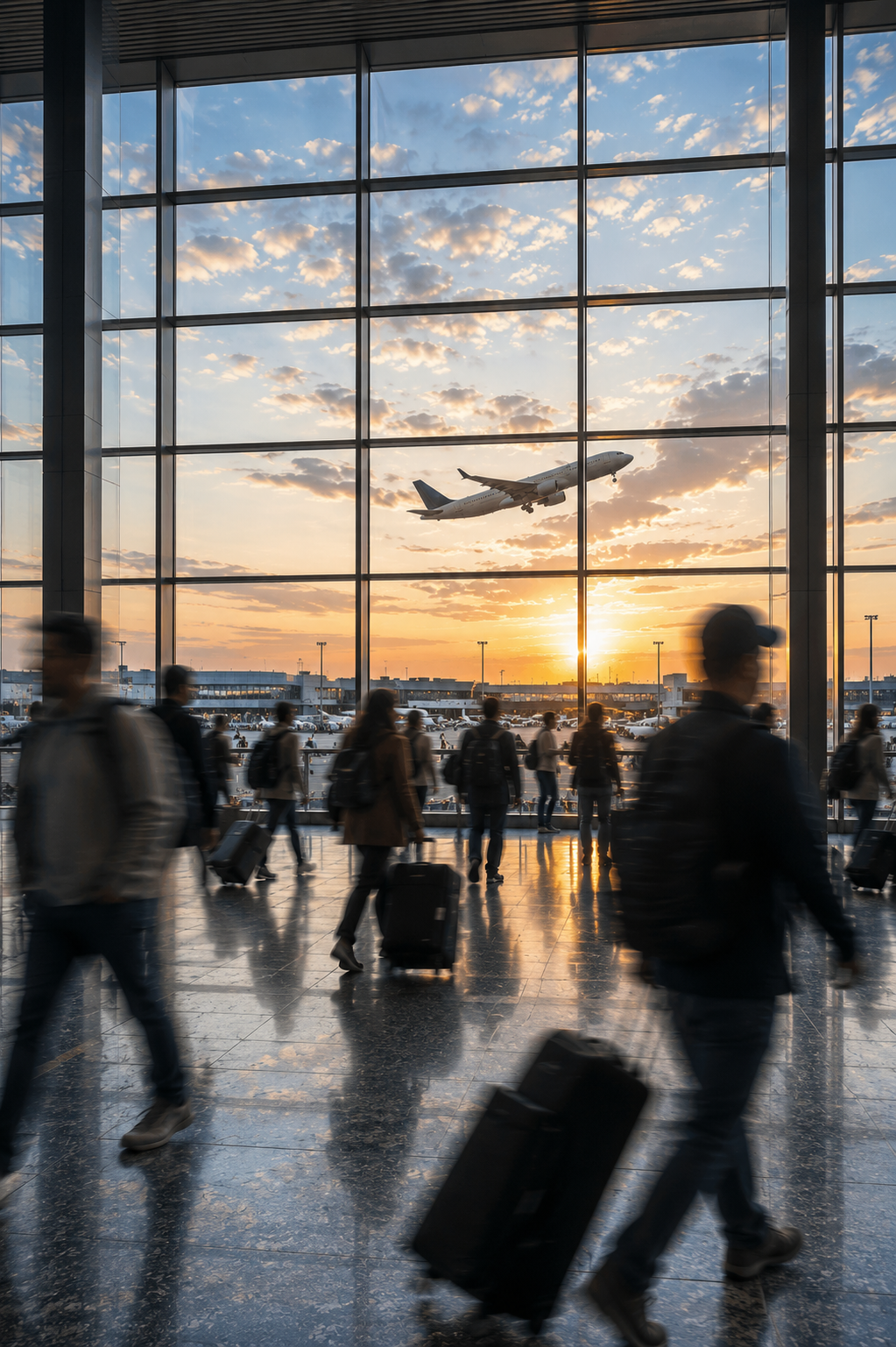 Passengers walking through an airport terminal with luggage, large glass windows showing an airplane taking off against a sunset sky.