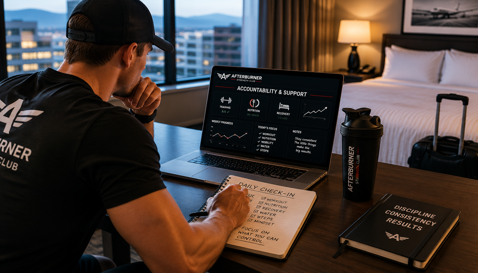 A man in a black cap and shirt with a logo on the back, sitting at a desk in a hotel room, looking at a laptop screen displaying a fitness app called Afterburner Strength Club. The desk has a notebook, a water bottle, and a book titled "Discipline Consistency Results." The background shows a hotel bed, bedside lamp, and city view through the window.