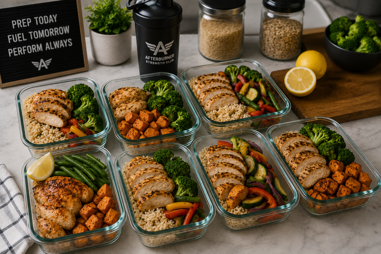 Six meal prep containers with grilled chicken, rice, and vegetables on a kitchen counter. Some containers have sweet potatoes, others have mixed vegetables like broccoli, peppers, and zucchini. There are lemon halves, a black bowl of broccoli, a wooden cutting board, a small plant, a black cup with 'Afterburner Strength Club' logo, and glass jars with grains in the background.