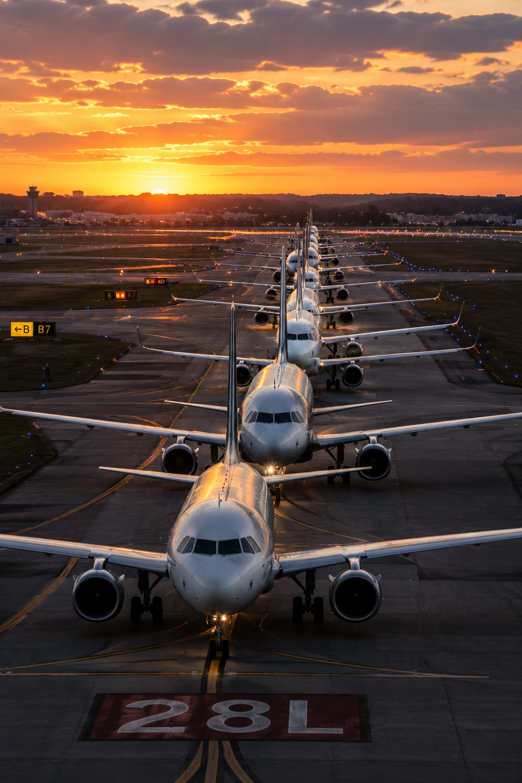 Line of airplanes parked on an airport runway during sunset, with a colorful sky and a control tower in the distance.