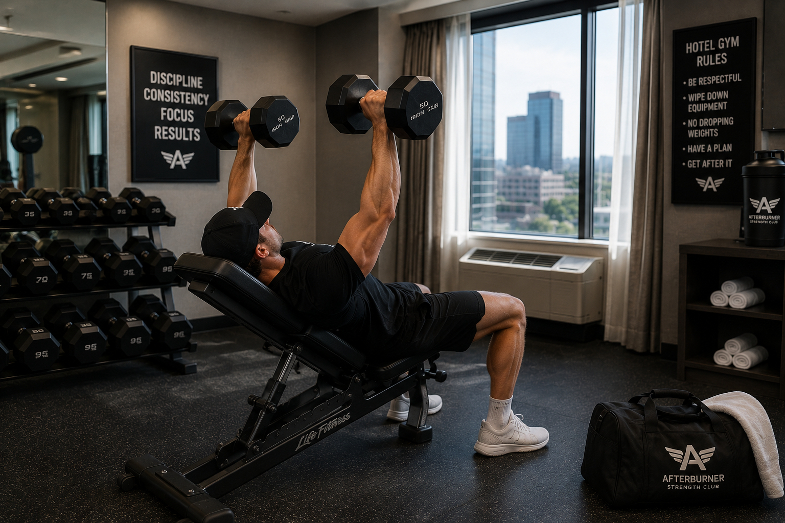 A man lifting dumbbells on a workout bench in a gym room with large windows and city view.