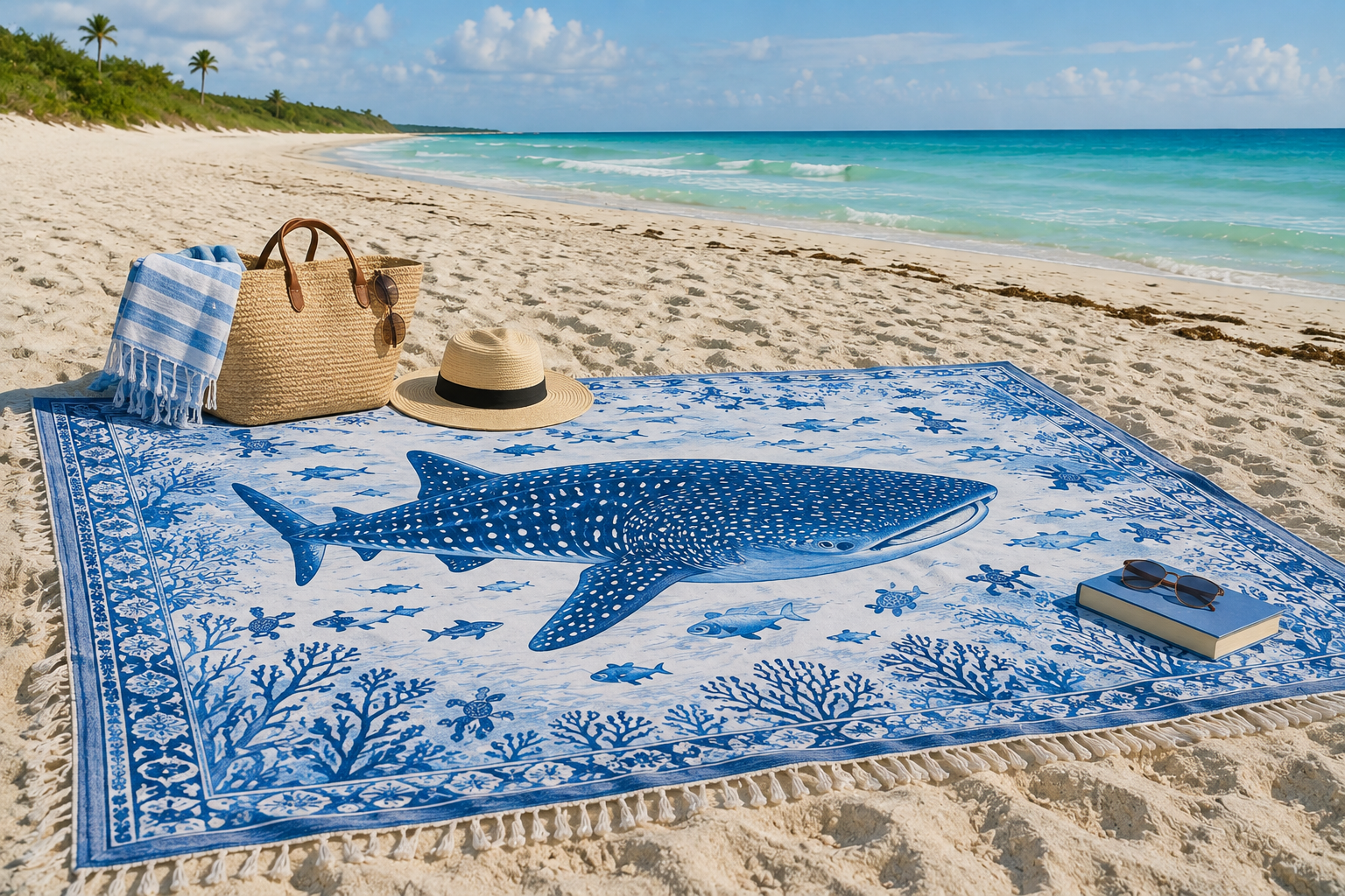 Beach blanket arranged on beach with accessories