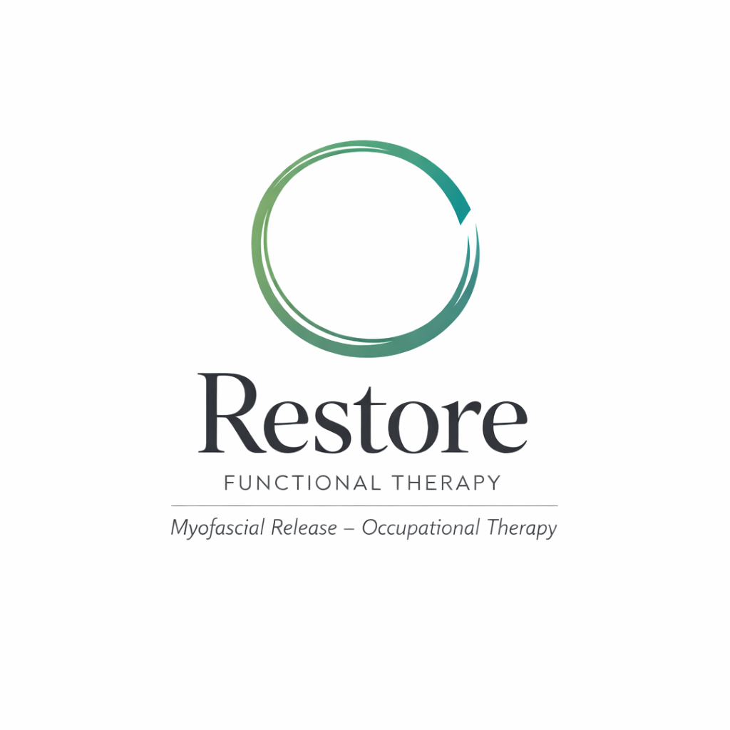 Logo for Restore Functional Therapy featuring a circular design and text about myofascial release and occupational therapy.