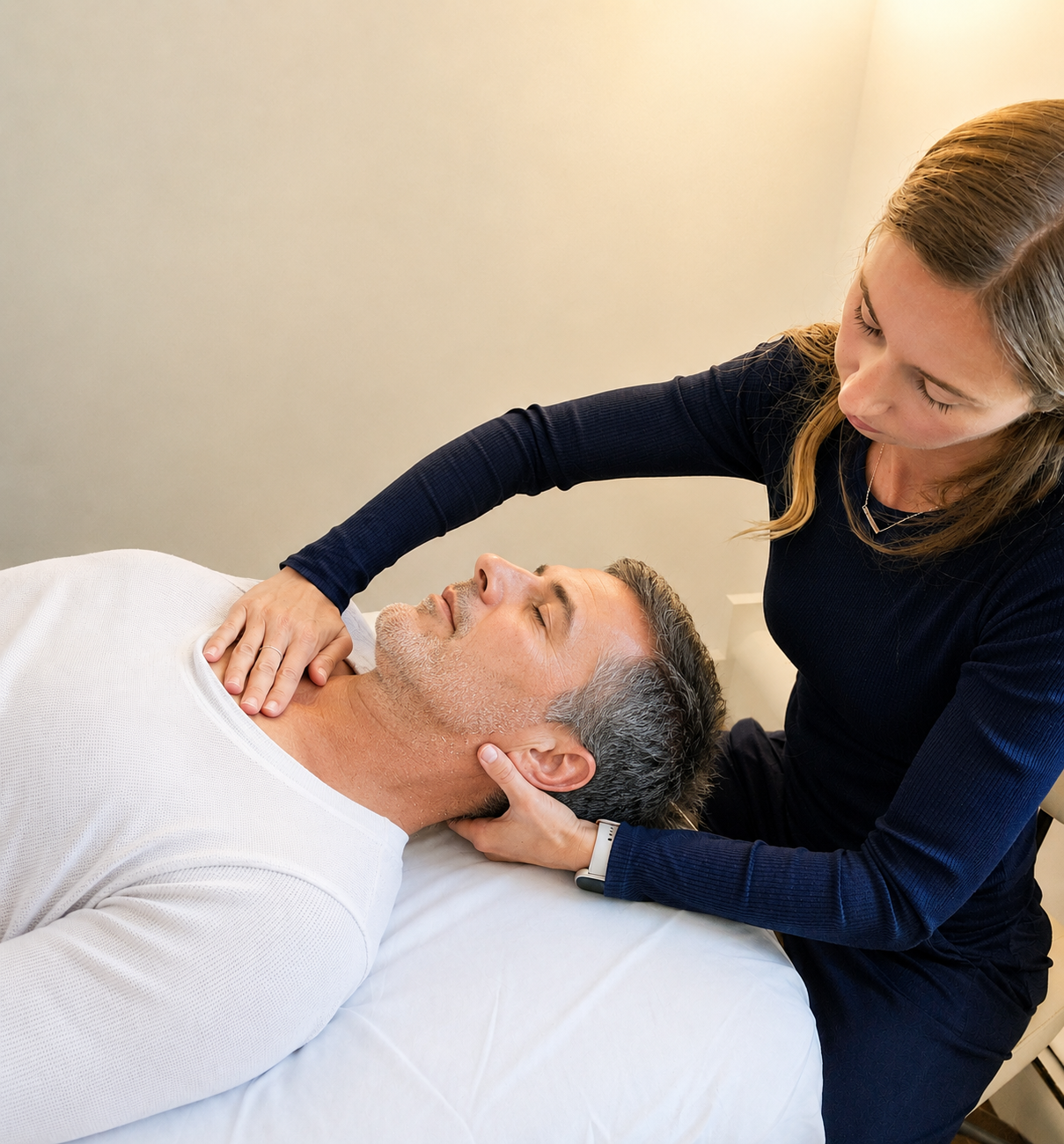 Woman providing chiropractic care to a man lying on a treatment table with eyes closed.