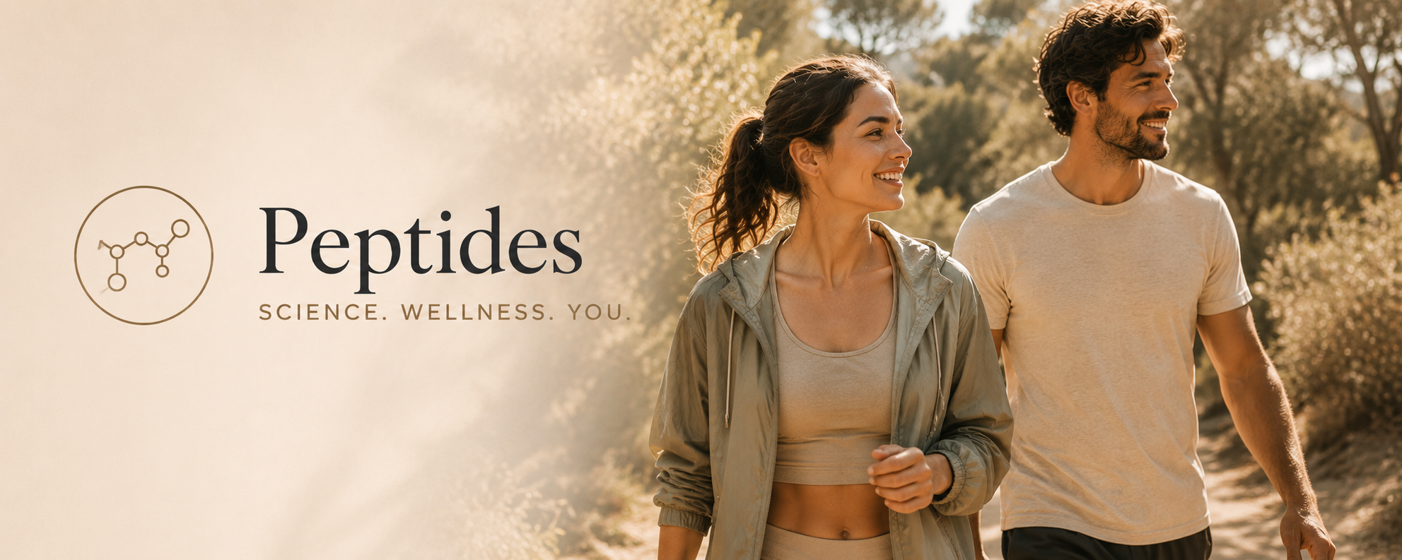 A smiling woman and man walking outdoors in sunlight, with trees in the background, promoting Peptides with the tagline "Science. Wellness. You."